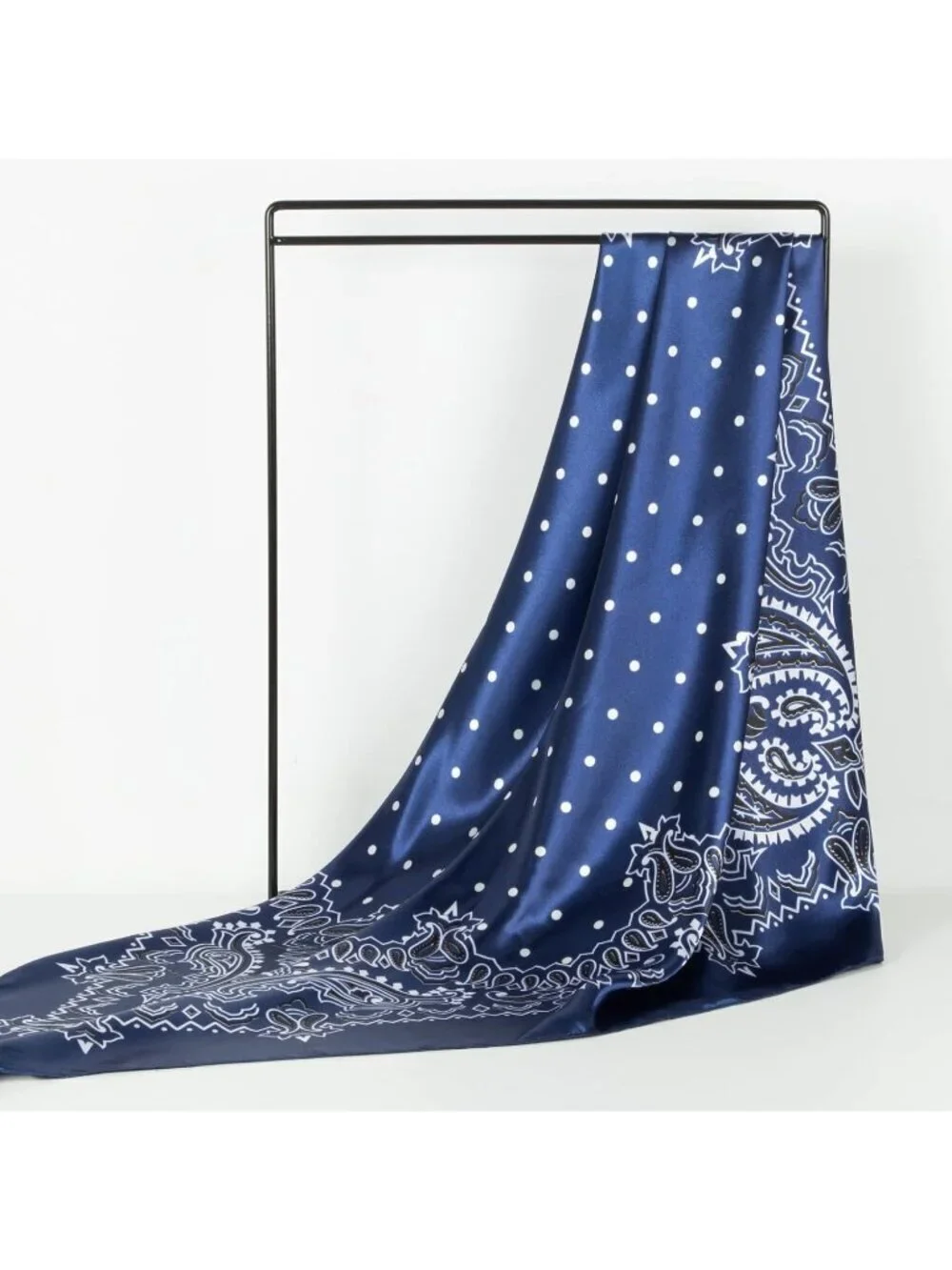 Women's Navy White Printed Square Scarf Bandanas Hair Scarf 35 Inches